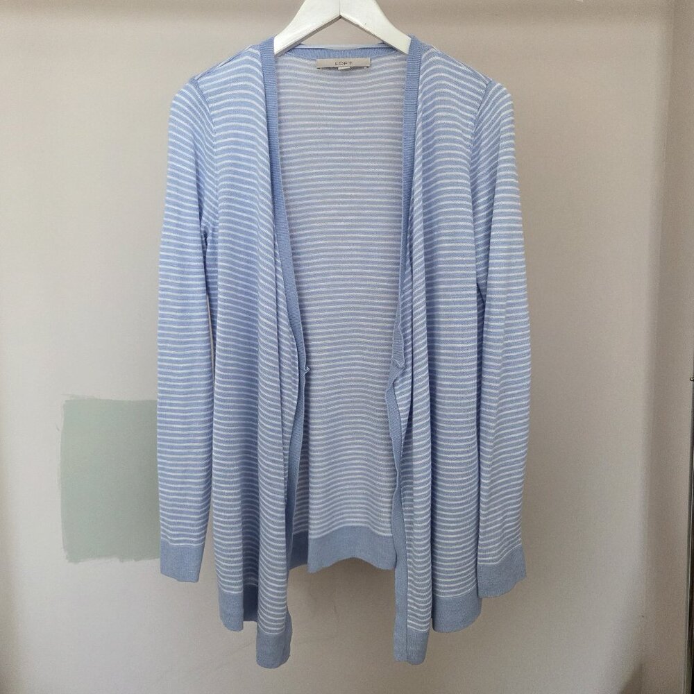 LOFT Blue & White Striped Open Front Knit Cardigan Sweater